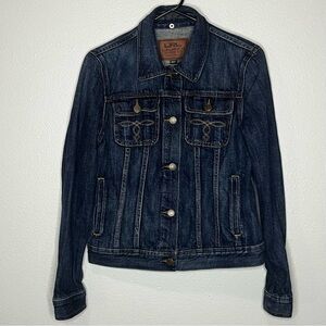 LRL Lauren Jeans Co Denim Jacket Women M Blue Button Cropped Pockets Long Sleeve